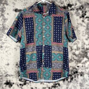 Uomoz Shirt Mens Size Medium Patch Pattern Cotton Polyester Collared Button‎ Up
